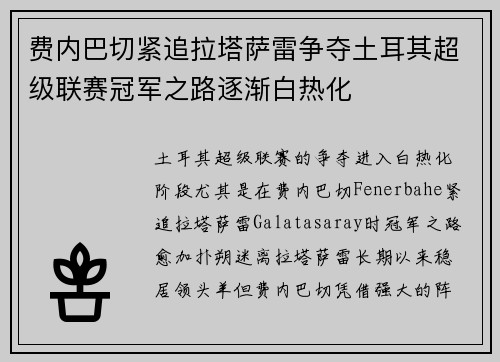 费内巴切紧追拉塔萨雷争夺土耳其超级联赛冠军之路逐渐白热化